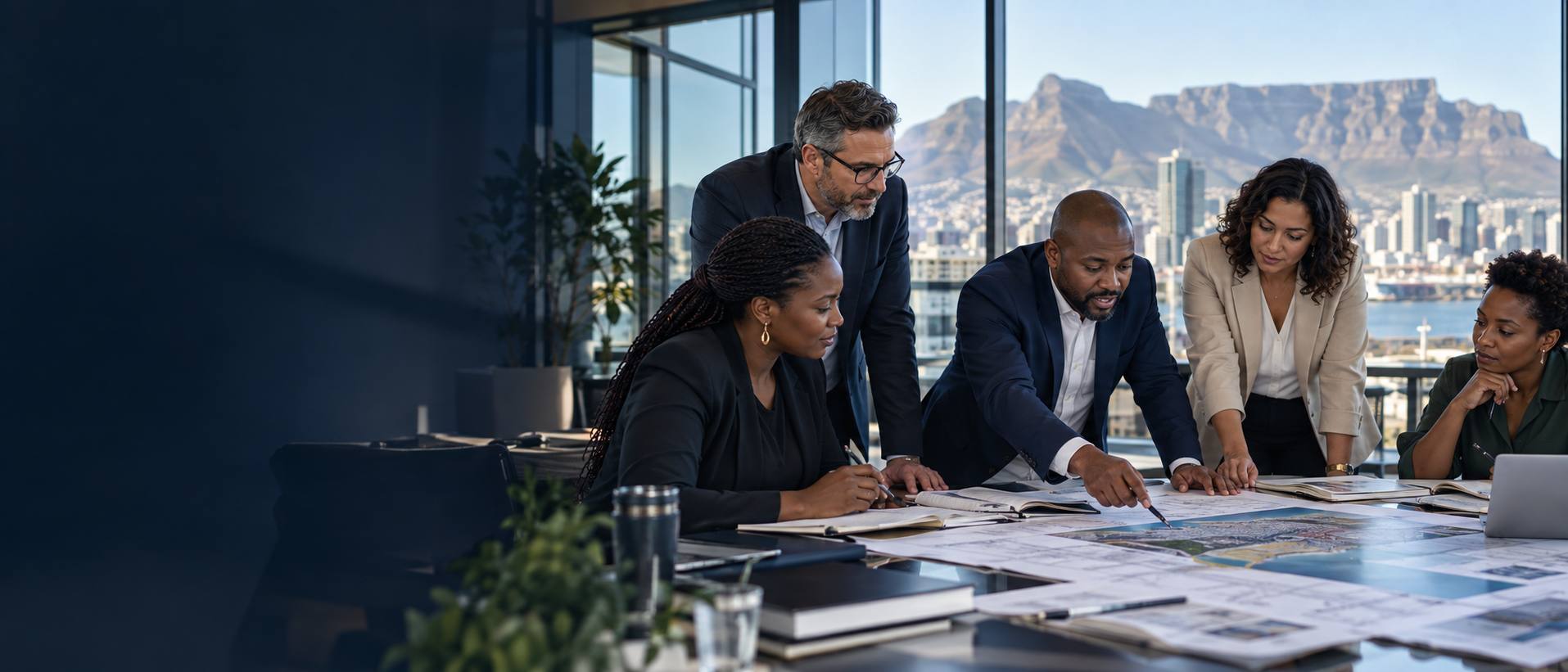 Clark Group leadership team reviewing plans around a boardroom table, with Table Mountain beyond the windows