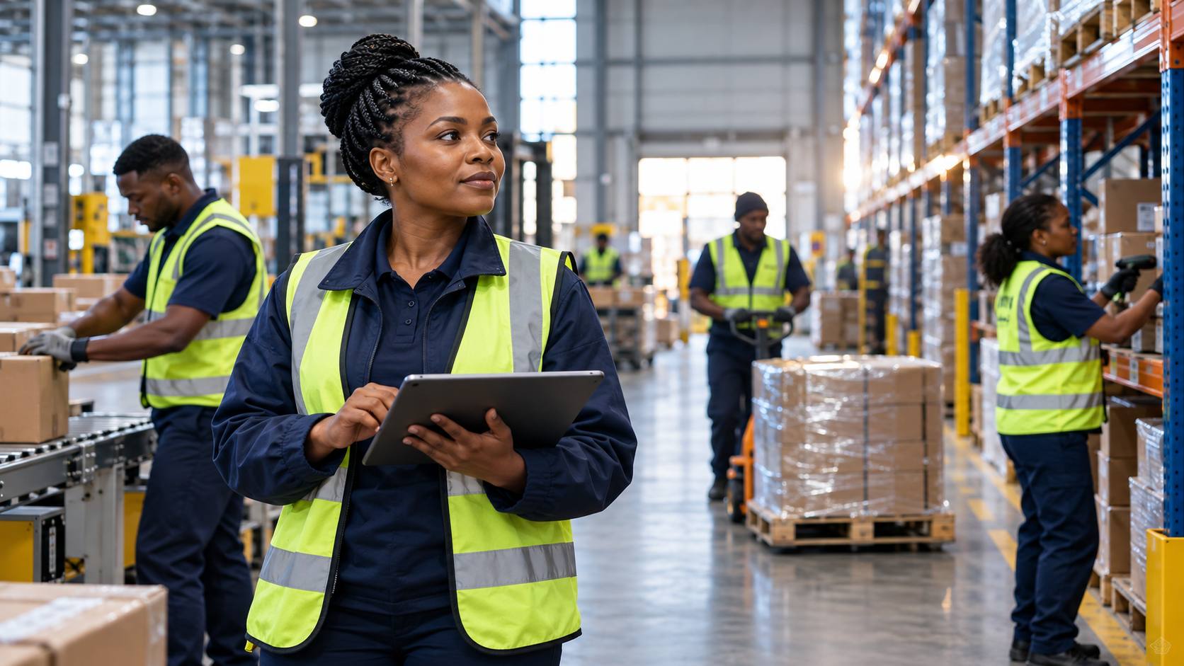 Warehouse operations supervisor with a tablet coordinating a busy shift in a distribution centre