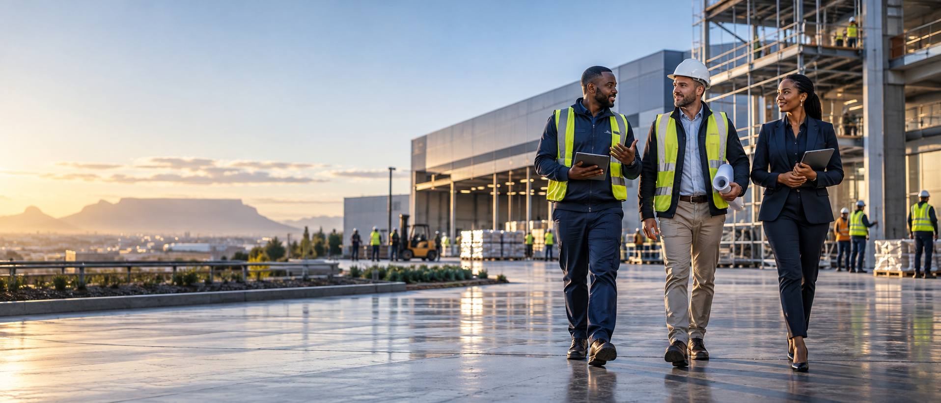Logistics, construction and workforce specialists walking together through an operations campus, with Table Mountain in the distance