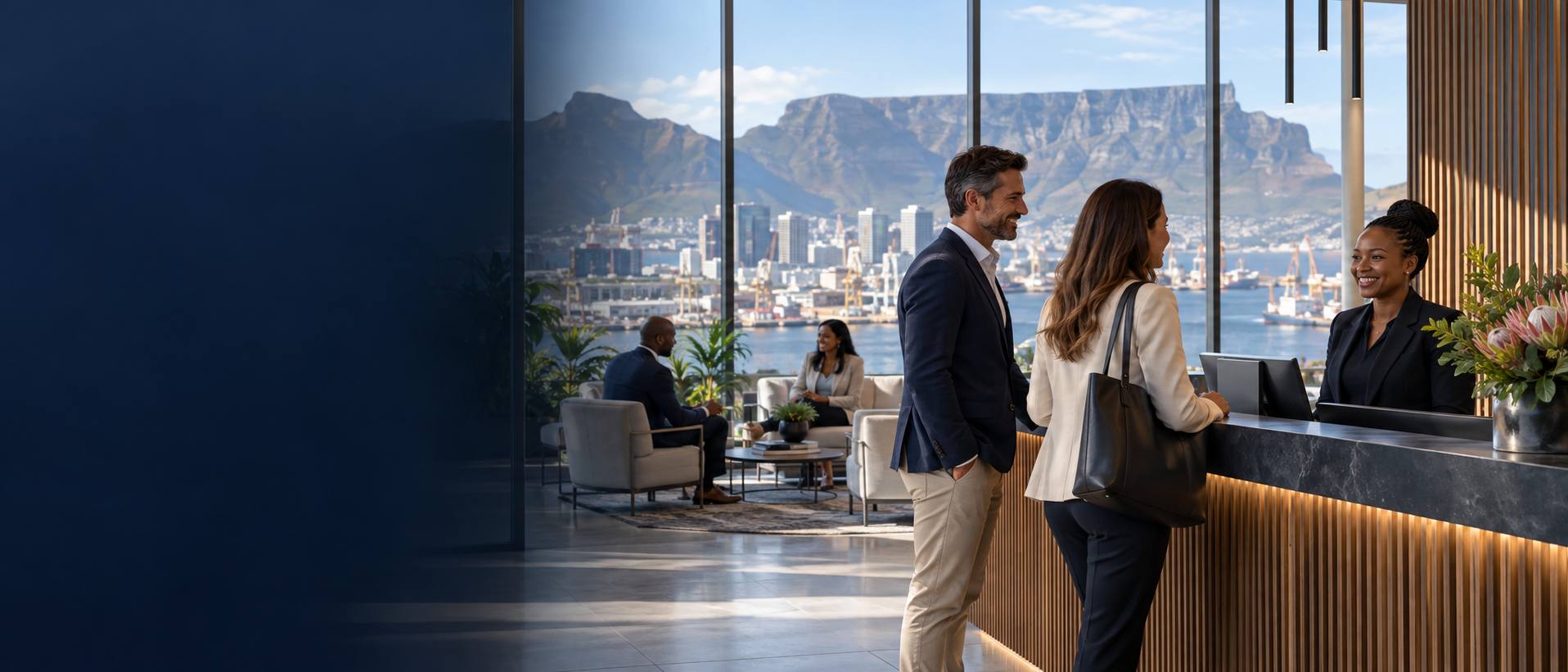 Client-services team welcoming visitors at a reception desk overlooking Cape Town harbour and Table Mountain