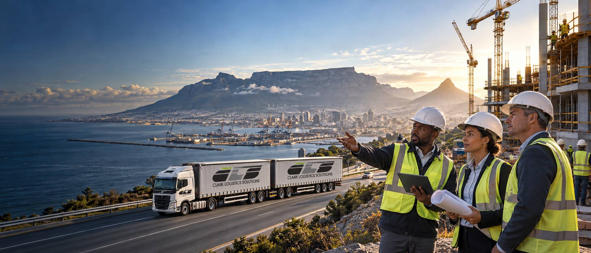 Project team in hard hats overlooking Cape Town harbour and Table Mountain, with a CLS truck pulling two branded trailers along the coastal highway below